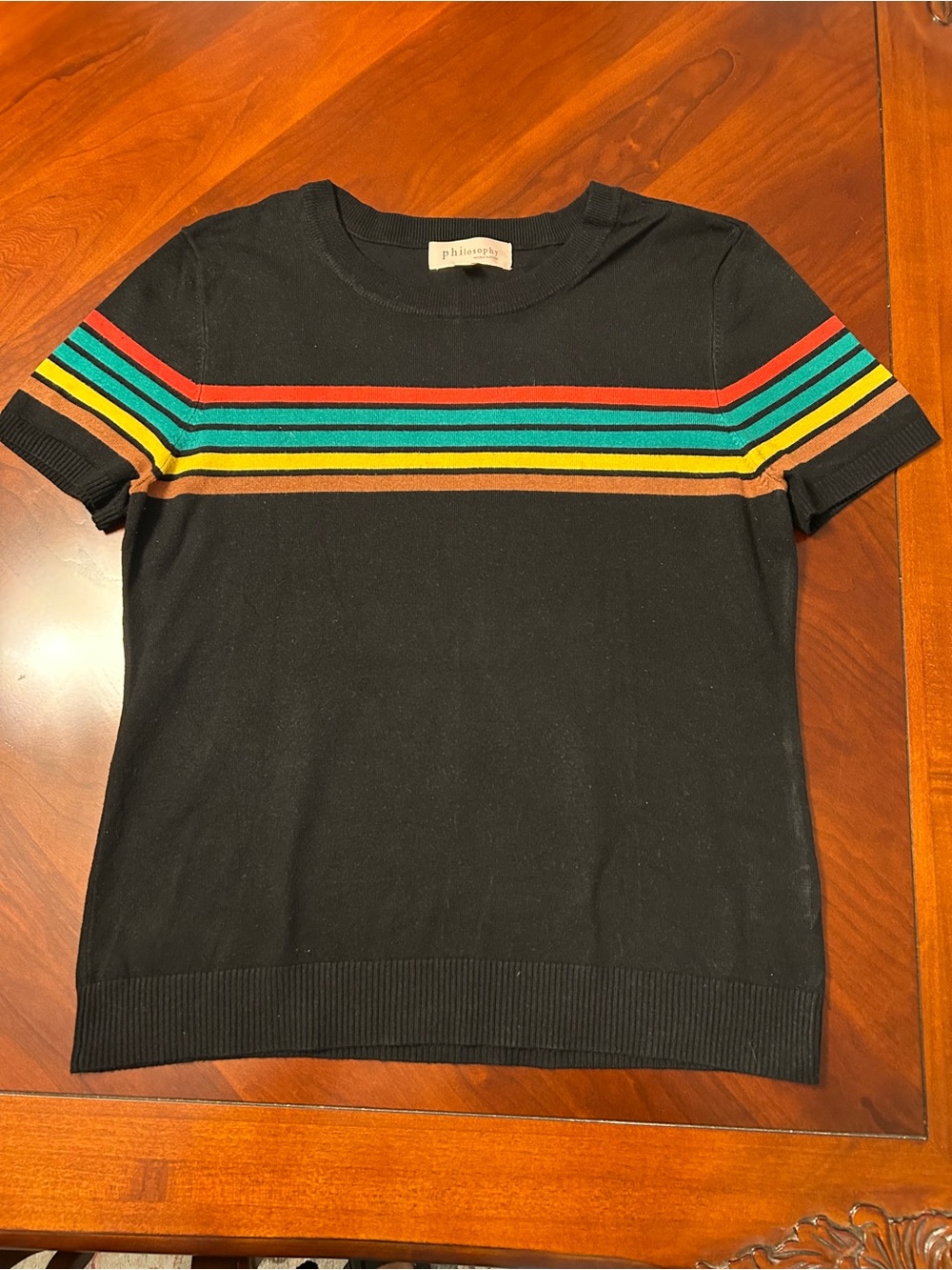 Philosophy Black Short-Sleeve Sweater with Rainbow Stripes